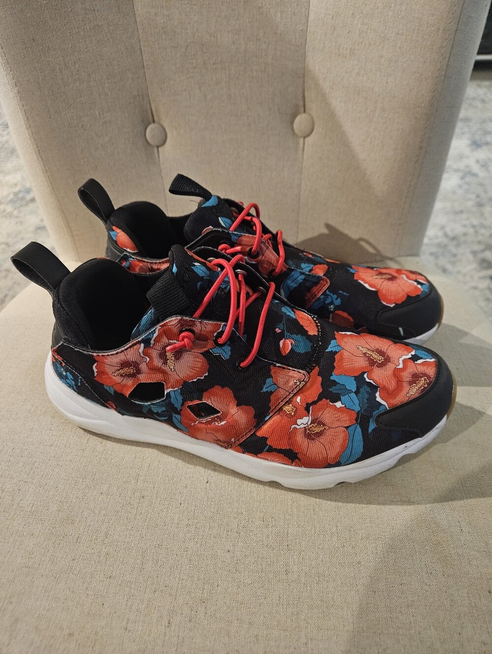 Reebok Women Floral Athletic Sneakers - Black with Red Flower Print